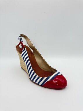 Christian Louboutin Espadrilles Nautical Stripe Wedge Slingback Sz 37 EU